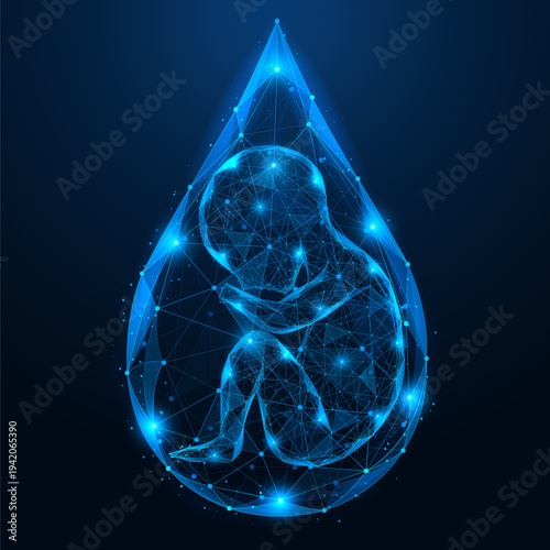 A human embryo inside a drop of water. The concept of life's origin, bioengineering, medical innovations, artificial insemination, and scientific progress in genetics.