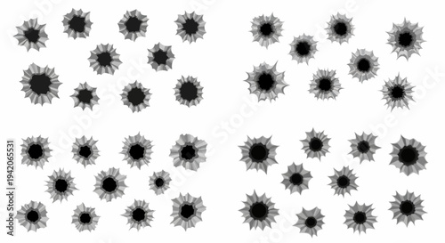 Collection of realistic black and white bullet hole impact vector graphic elements