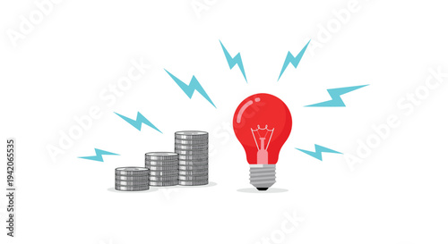 A bright red light bulb emitting blue lightning bolts stands next to three ascending stacks of silver coins on a clean white background.