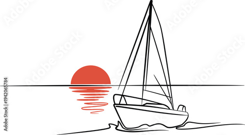Minimalist sailboat line art, yacht sailing on ocean with sunset reflection simple nautical illustration isolated background