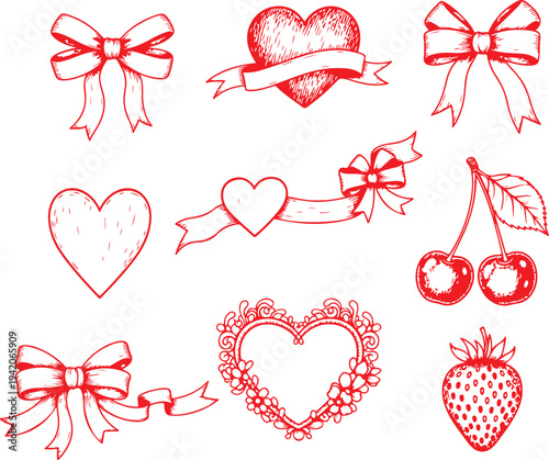 Whimsical valentine's day doodles featuring hearts, ribbons, and decorative elements