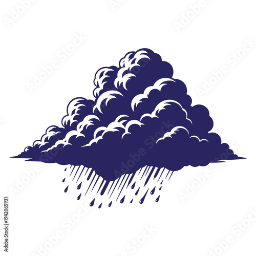 dark blue rain cloud with raindrops falling isolated on white background