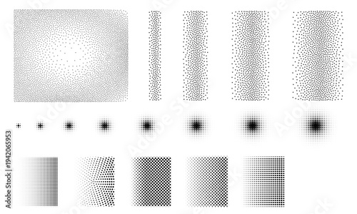 Noise grain gradient background, dot pattern spray effect set