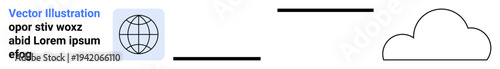 Cloud computing, networking, technology, global data sharing, internet communication, file storage. A globe icon and a cloud connected with lines. Cloud computing and networking concept