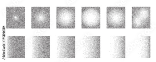 Noise grain gradient background, dot pattern spray effect set