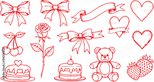 Elegant red outline drawings of gift-themed decorative elements and treats