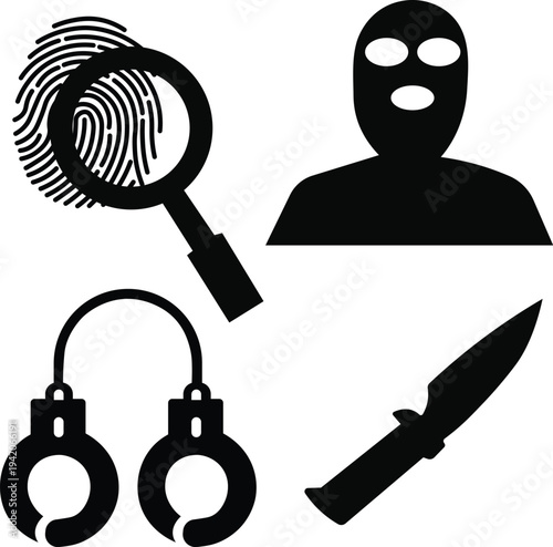 Crime scene investigation silhouette icon set with police detective evidence handcuffs magnifying Glass and law enforcement elements vector collection