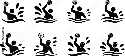 Water polo player icon collection, swimmer throwing ball with water splash sport silhouettes set isolated on white background