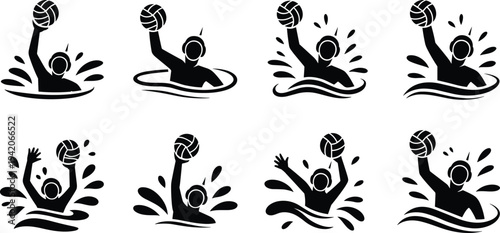 Water polo player icon set, swimmer throwing ball in water splash sport silhouettes collection isolated on white background
