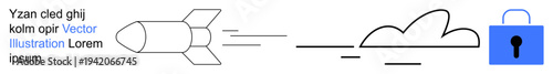 Data security, innovation, speed, cloud storage, online protection, digital communication. Rocket flying with a trail, and a padlock symbol. Data security and innovation concept