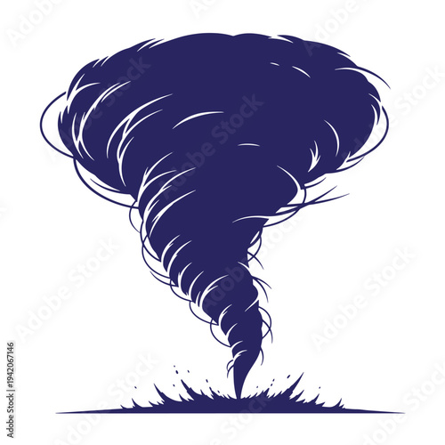 Illustration of a large dark blue tornado with swirling clouds and debris isolated on white background