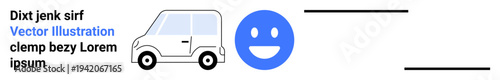 Transportation, emotions, communication, graphic design, illustrations, creativity. White vehicle icon and blue happy face with text. Transportation and emotions in graphic form