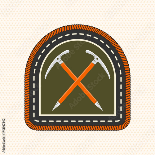 Scout badge with with crossed Mountain climbing ice tools . Vector. Merit patch, sticker for camping outdoor and academic activities