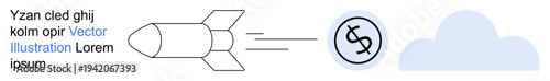 Finance, growth, innovation, energy, startup funding, and investment goals. A rocket is moving toward a dollar sign with a cloud. Finance and growth in a futuristic design