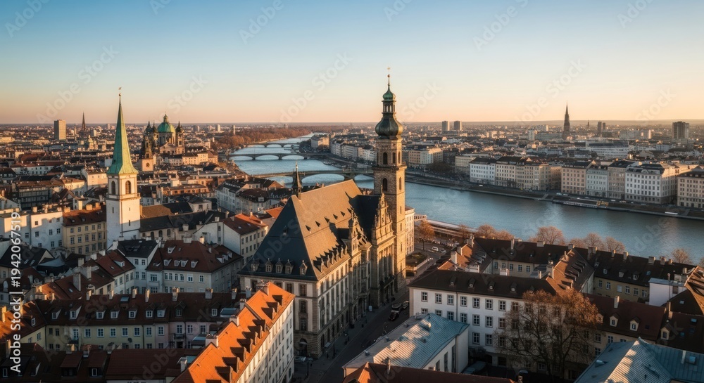 Obraz premium Aerial View of a Picturesque European Cityscape at Sunset River and Buildings.