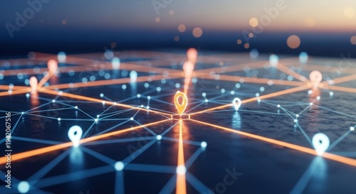Abstract digital network connections with glowing lines and location pins futuristic technology.