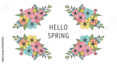 Set of 4 Hello Spring floral wreath vector illustrations
