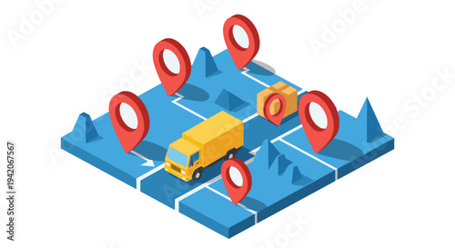 A yellow delivery truck navigates a blue isometric map with white roads, surrounded by five red location pins and a brown package.