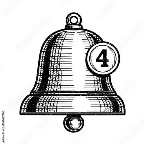 Notification bell in vintage engraving style with number four