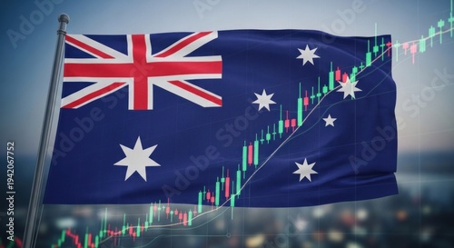 Australian Flag Overlayed with Stock Market Data Economic Analysis Concept.