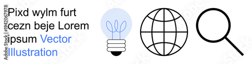 Innovation, sustainability, global networks, internet search, eco-friendly ideas, knowledge discovery. Lightbulb with leaves, globe magnifying glass. Innovation and sustainability concept