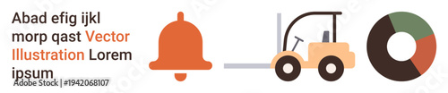 Logistics, transportation, business analysis, data visualization, shipping, warehouse management. Orange bell, forklift moving an object and segmented pie chart. Logistics and transportation theme