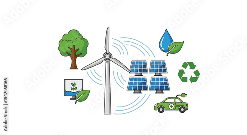 Vector graphic illustration showcasing renewable energy sources and eco friendly transportation solutions together