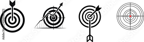 Four black and white illustrations of archery targets with varying arrow positions and line art styles