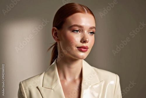 Elegant woman with glossy makeup and slicked-back hair in a cream blazer