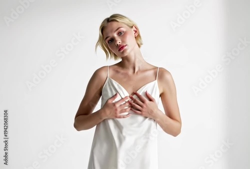 Elegant woman in white satin dress posing gracefully against a clean studio background