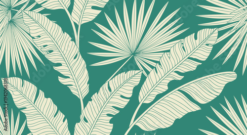 Tropical palm leaf pattern vector, green and beige leaves