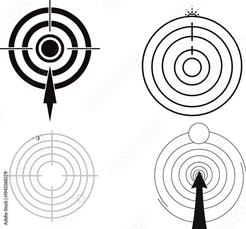 Archery targets with arrows in various orientations
