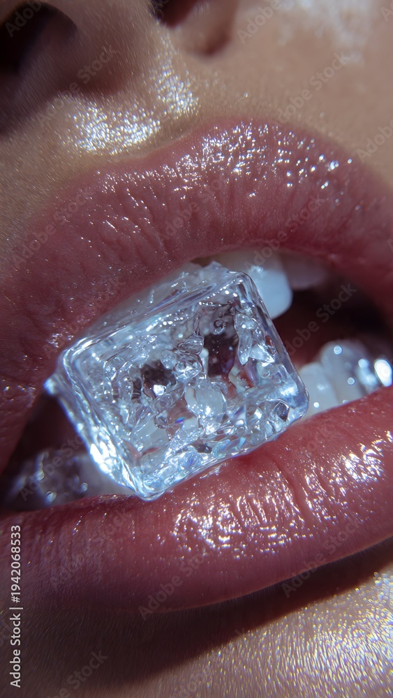 Obraz premium Glossy Lips Holding Ice Cube in Teeth Close Up Beauty Fashion Portrait