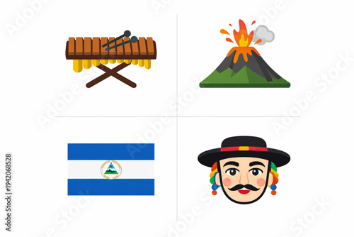 Nicaragua Cultural Symbols Vector Icon Set with Marimba Volcano Flag and Folkloric Mask