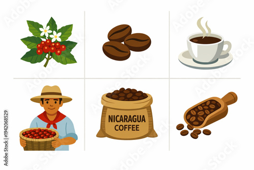 Nicaragua Coffee Culture Vector Illustration Set with Farmer Beans Cup and Sack