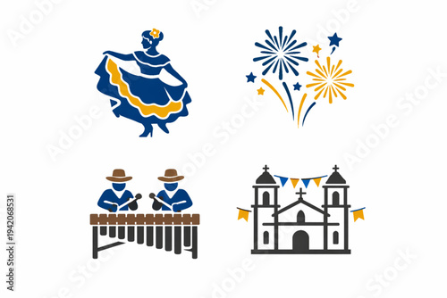 Nicaragua Festival and Folklore Vector Icon Set with Parade Dancer Fireworks Marimba and Church Celebration