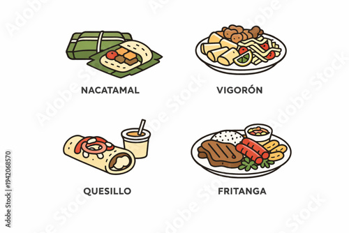 Nicaragua Street Food Vector Icon Set with Nacatamal Vigoron Quesillo and Fritanga