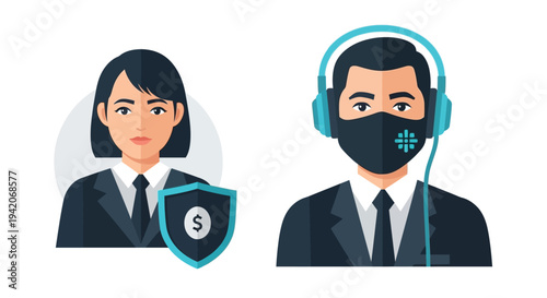 Business professionals wearing masks and headset for customer support illustration design