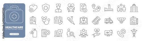 Healthcare and medical web line icon set featuring hospital, doctor, nurse, insurance, emergency, telemedicine, patient, care, pharmacy and health services. Editable stroke