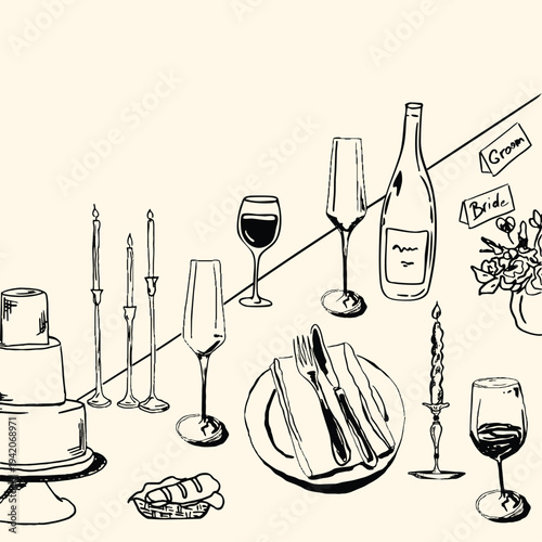 Billede på lærred Vector illustration of tablescape with glasses, wine and candles, cake and bread
