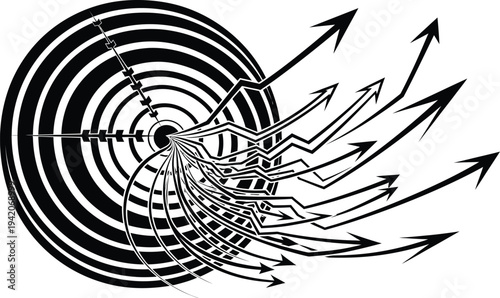 Black and white illustration of a spiral with arrows radiating outward in a dynamic pattern