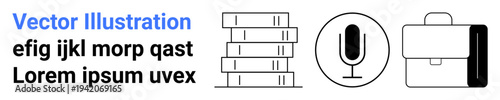 Education, media, business tools, e-learning, organization, communication. Stack of books, microphone and briefcase icons. Education and media concepts through simple graphical symbols