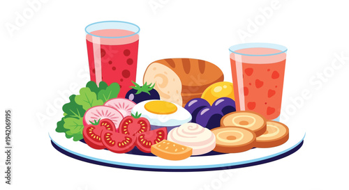 Healthy breakfast meal with fresh fruits and beverages on a plate vector illustration design