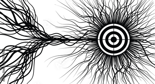 Black and white abstract image of a neuron with a bullseye pattern in the center