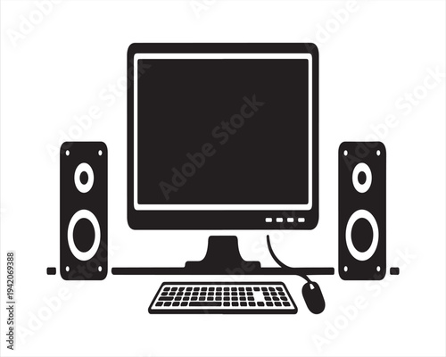 Computer desktop setup with keyboard mouse and speakers illustration