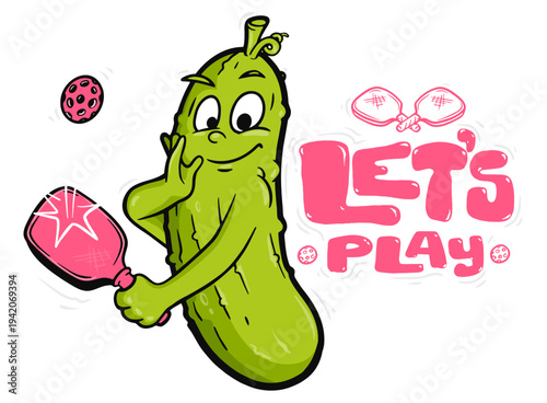 Funny pickle cartoon character inviting to play pickleball. Cute mascot vegetable holding paddle, sport themed hand drawn vector illustration