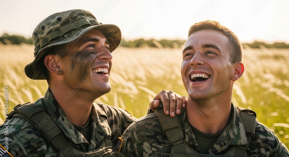 Fototapeta premium Soldiers Sharing a Moment of Laughter and Friendship Outdoors