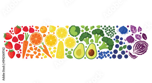 A vibrant rainbow-colored horizontal bar is formed by an organized arrangement of various fruits and vegetables on a white background.