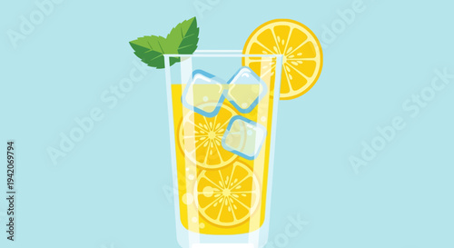 Refreshing beverage illustration glass ice cubes lemon slices mint leaves cool drink