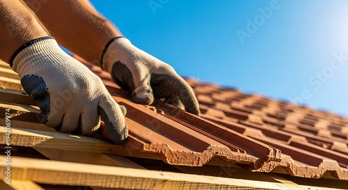 Construction worker's gloved hands carefully placing terracotta roof tiles under a clear blue sky